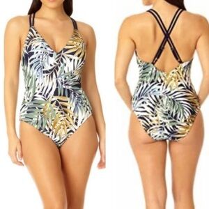 NEW Hurley Leaf Pattern Tropical One-Piece Swimsuit Size M Green, Blue Tan White